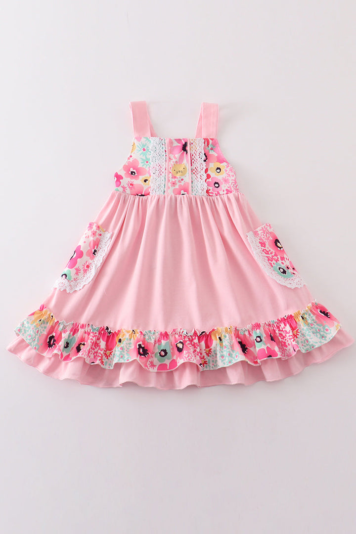 Pink Floral Print Girl Ruffle Dress