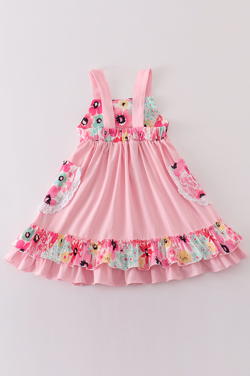 Pink Floral Print Girl Ruffle Dress