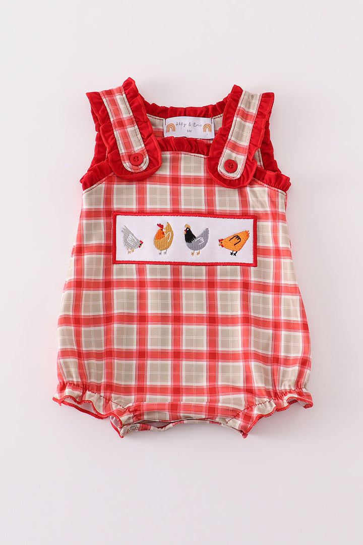 Red Chicken Embroidery Plaid Girl Bubble