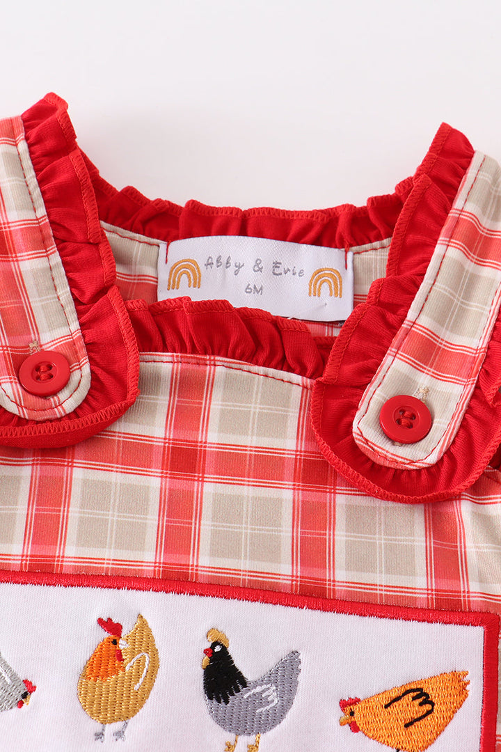 Red Chicken Embroidery Plaid Girl Bubble