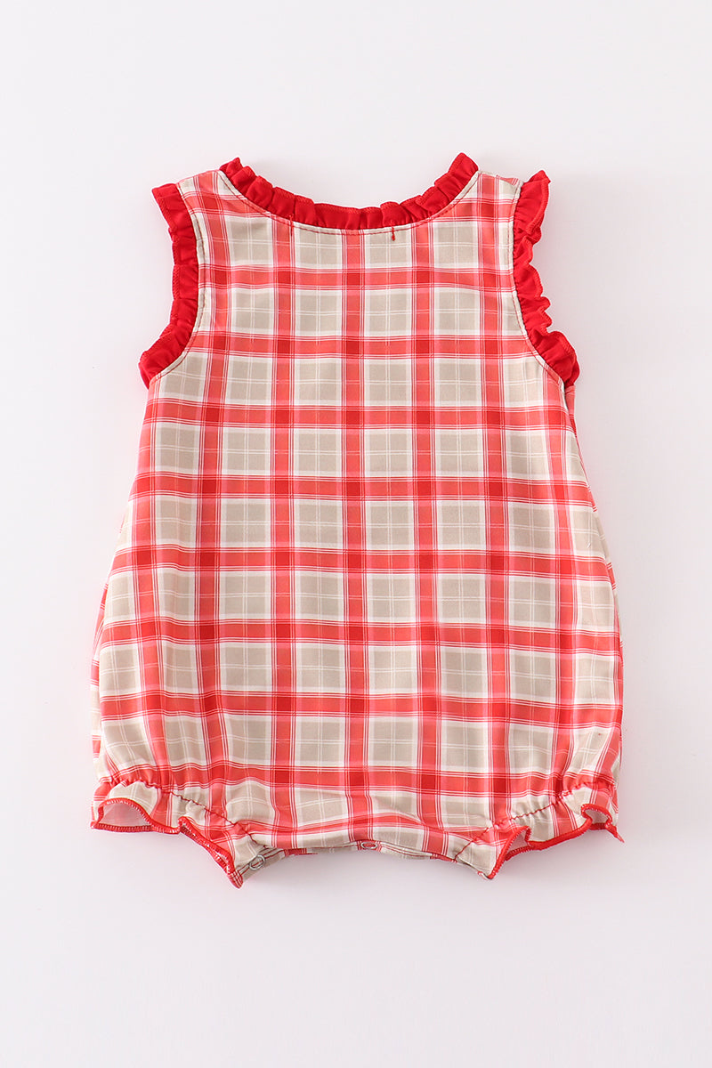 Red Chicken Embroidery Plaid Girl Bubble