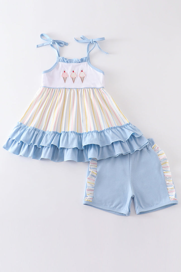 Multicolored Stripe Ice Cream Applique Girl Set