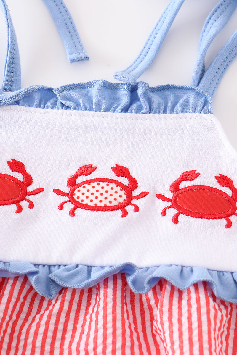 Red Seersucker Crab Applique Girl Bubble