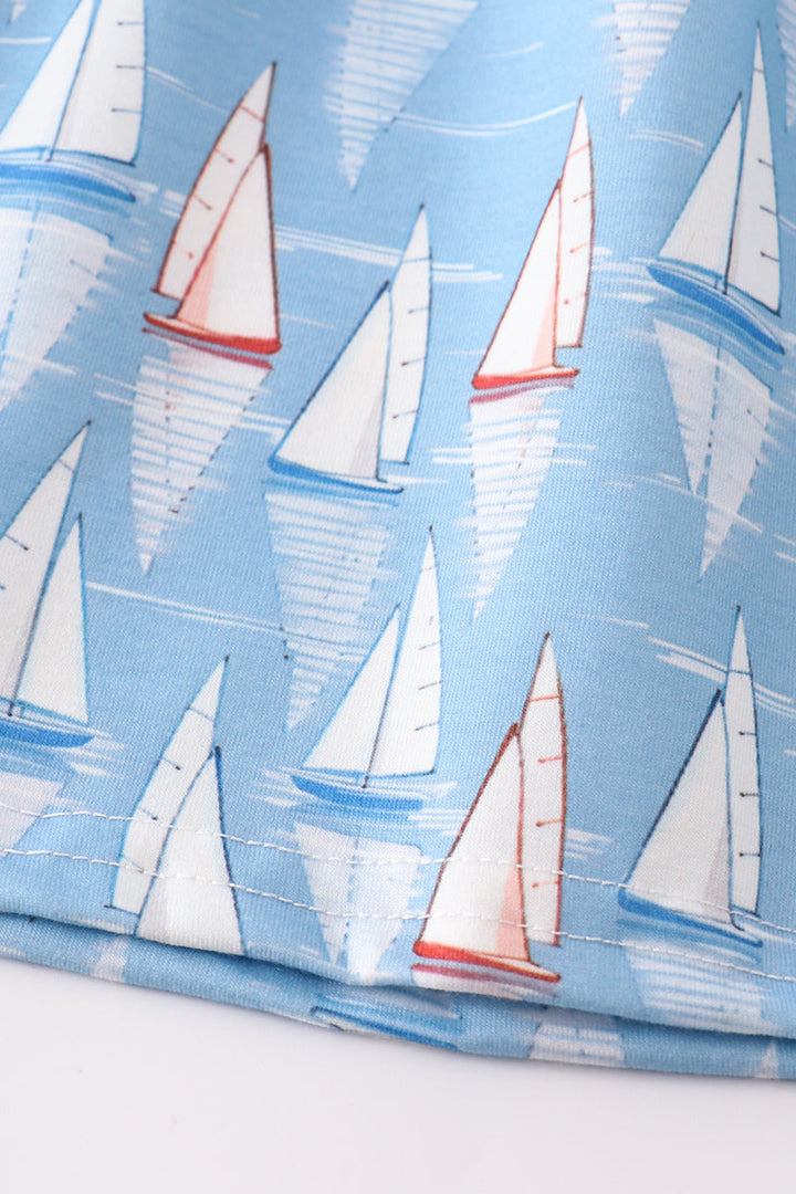 Blue Sailboat Embroidery Girl Set