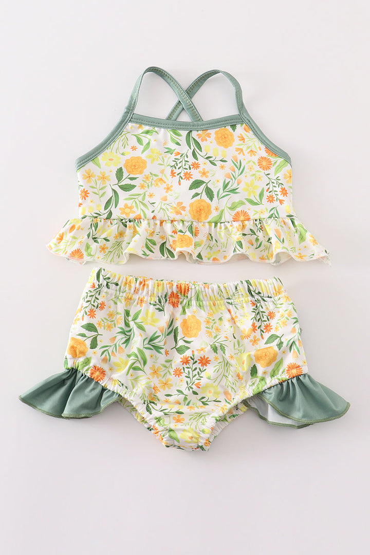 Yellow Floral 2pc Girl Swimsuit