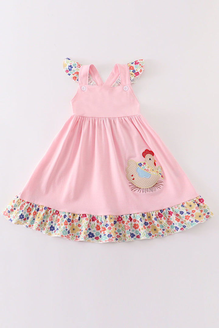 Pink Floral Chicken Applique Ruffle Dress