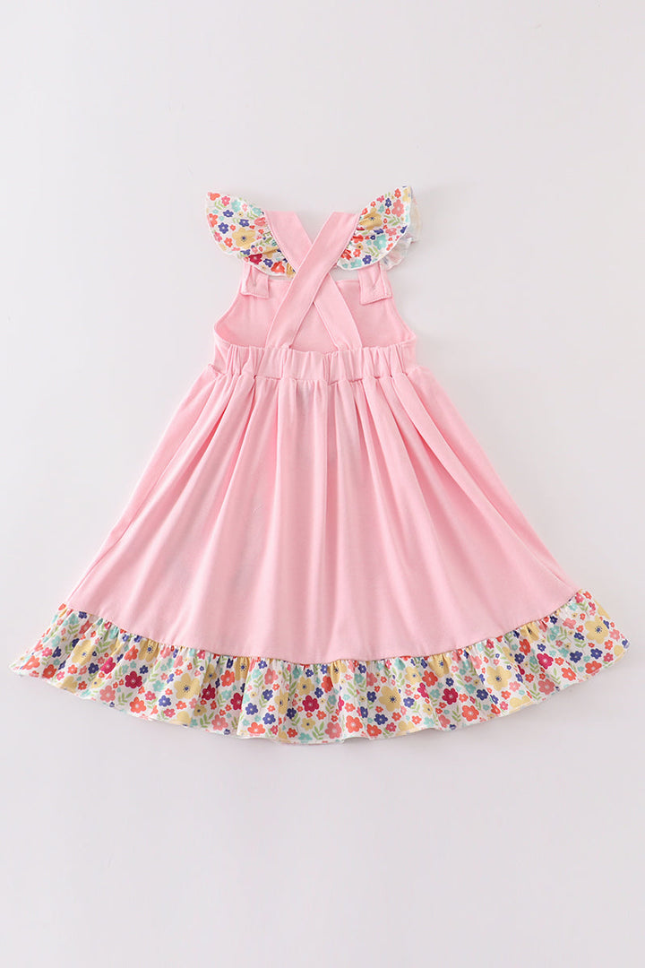 Pink Floral Chicken Applique Ruffle Dress