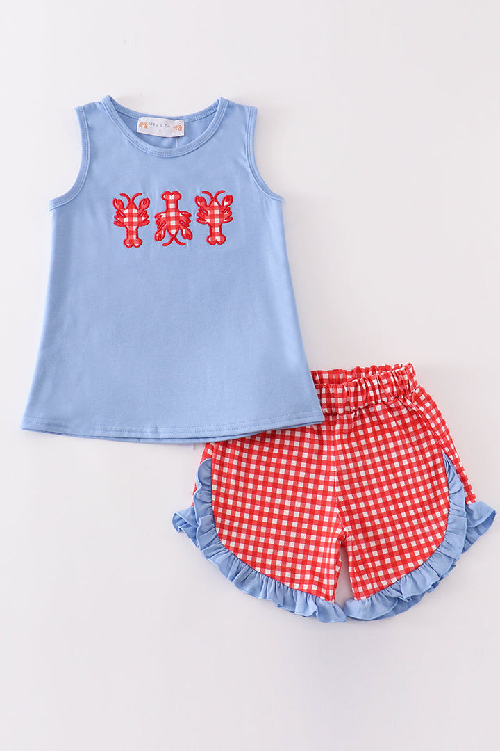 Red Plaid Lobster Applique Girl Set