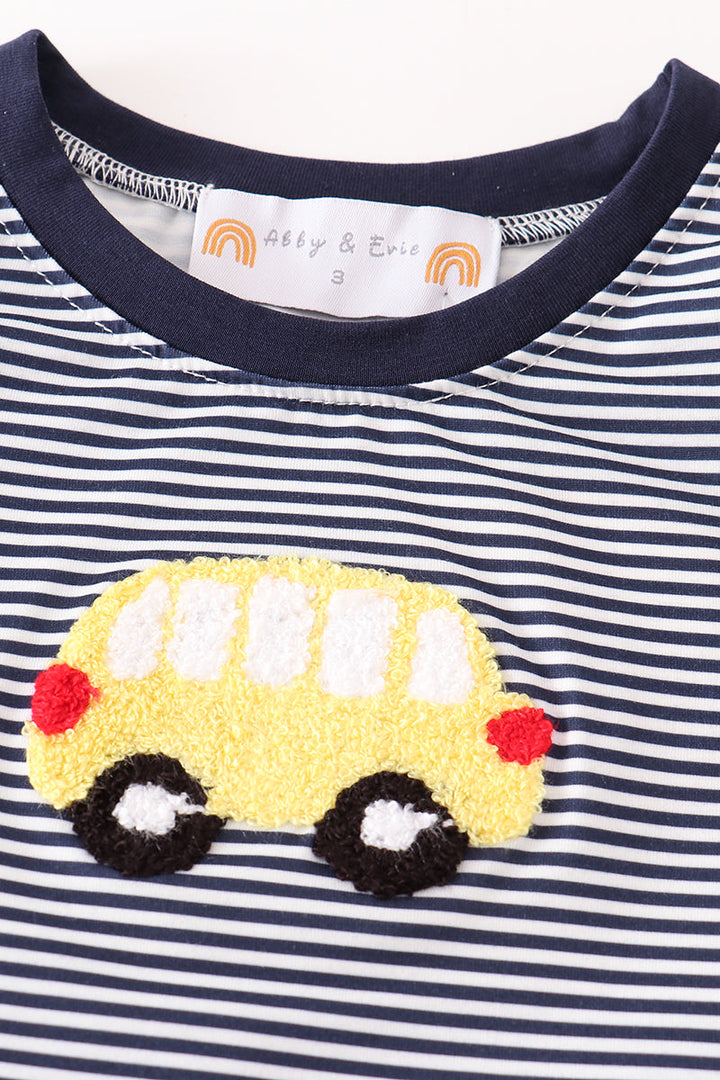 Navy Bus French Knot Boy Set