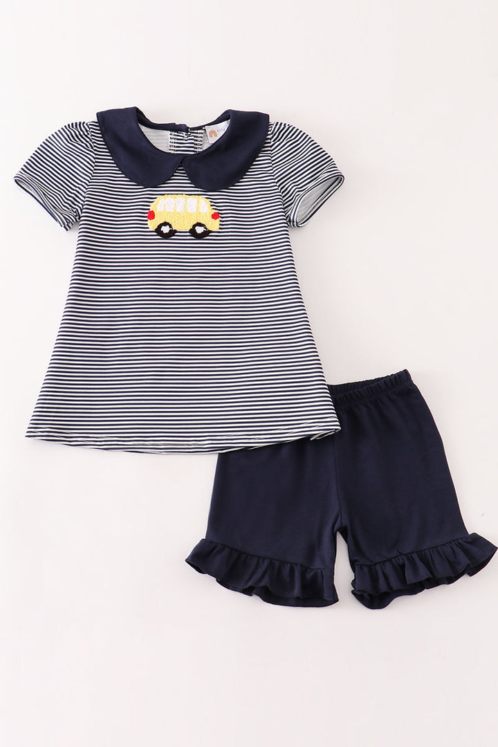 Navy Bus French Knot Girl Set