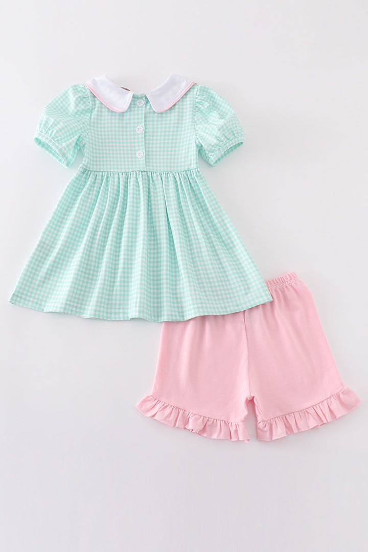 Green Princess Embroidery Girl Gingham Set