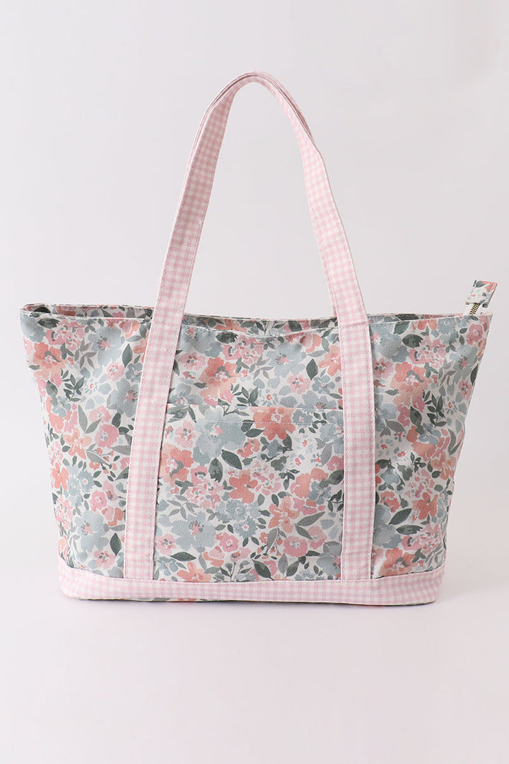 Pink Floral Plaid Tote Bag