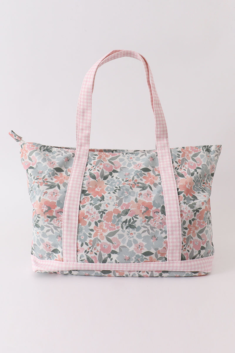 Pink Floral Plaid Tote Bag