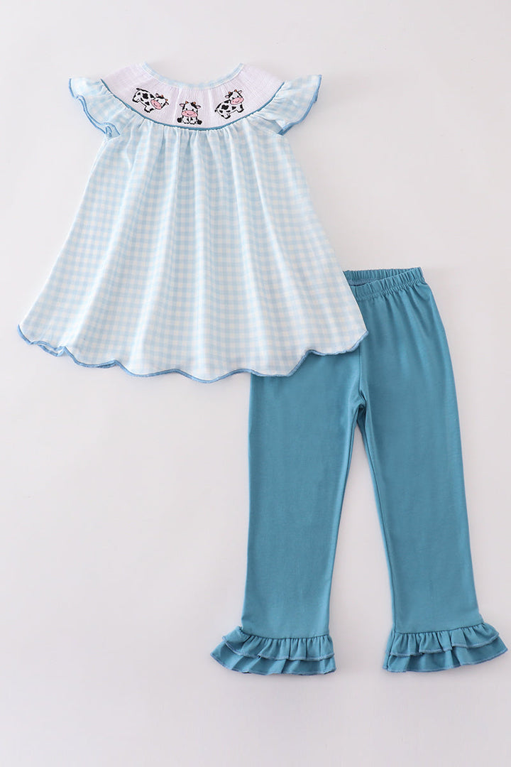 Blue Gingham Cow Embroidery Smocked Girl Set