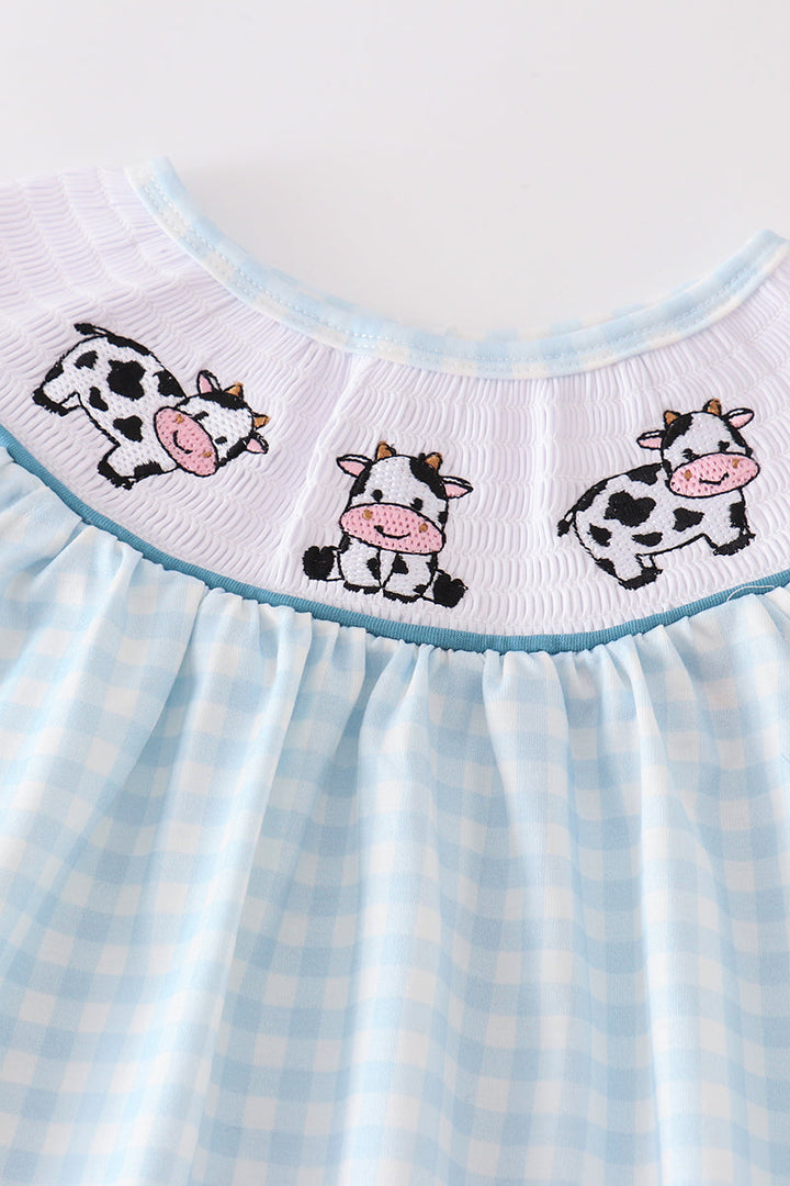 Blue Gingham Cow Embroidery Smocked Girl Set