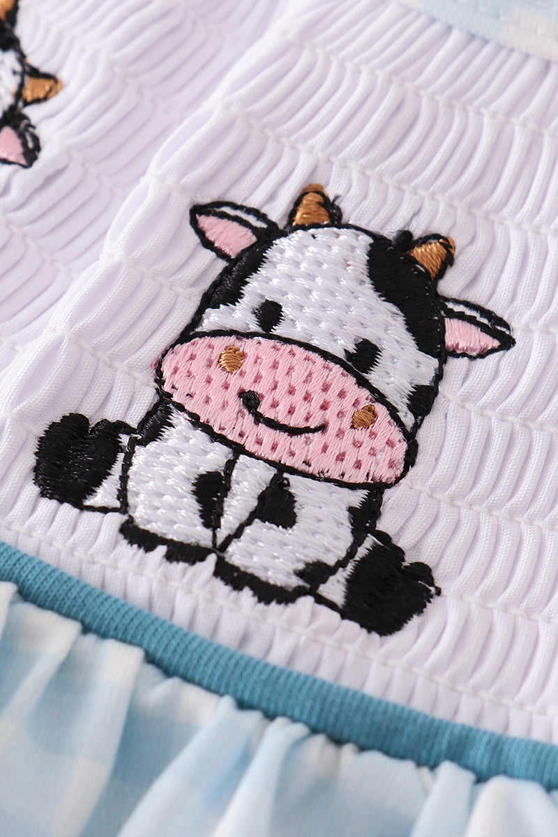 Blue Gingham Cow Embroidery Smocked Girl Set