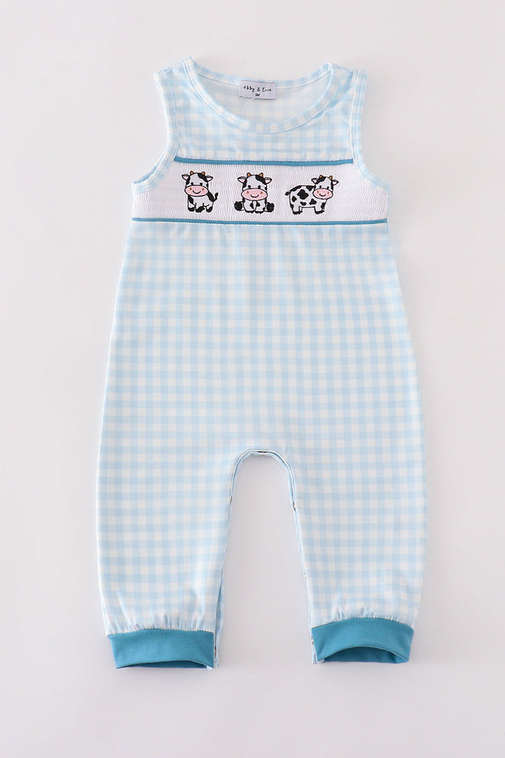 Blue Gingham Cow Embroidery Boy Jonjon