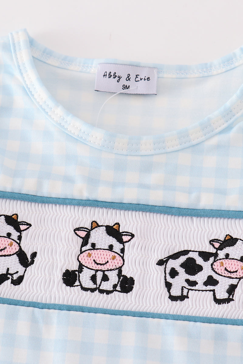 Blue Gingham Cow Embroidery Boy Jonjon