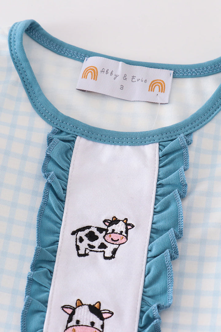 Blue Gingham Cow Embroidery Girl Pajamas Set