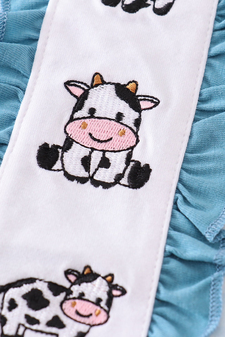 Blue Gingham Cow Embroidery Girl Pajamas Set