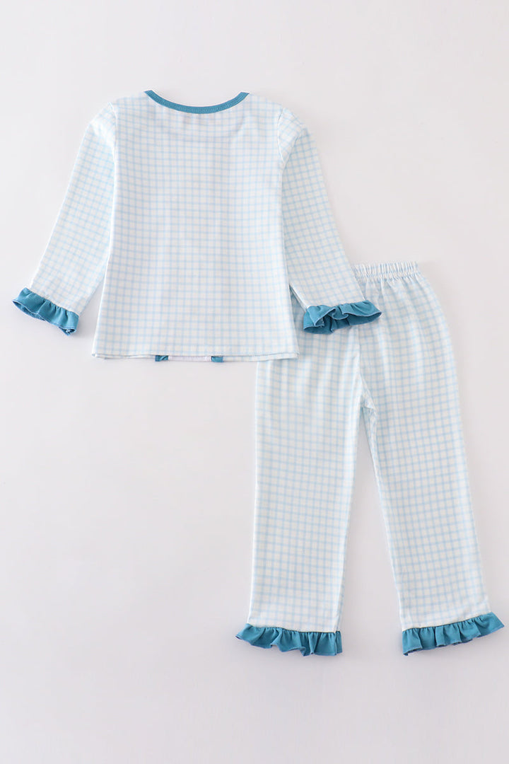 Blue Gingham Cow Embroidery Girl Pajamas Set