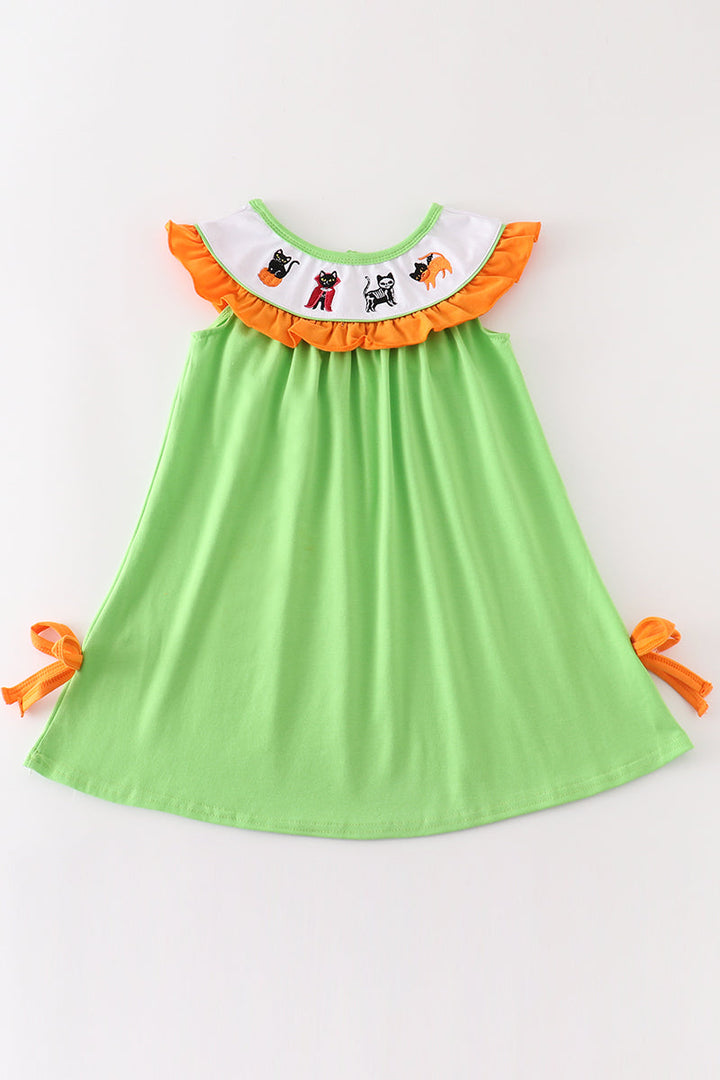 Green Halloween Cat Embroidery Dress