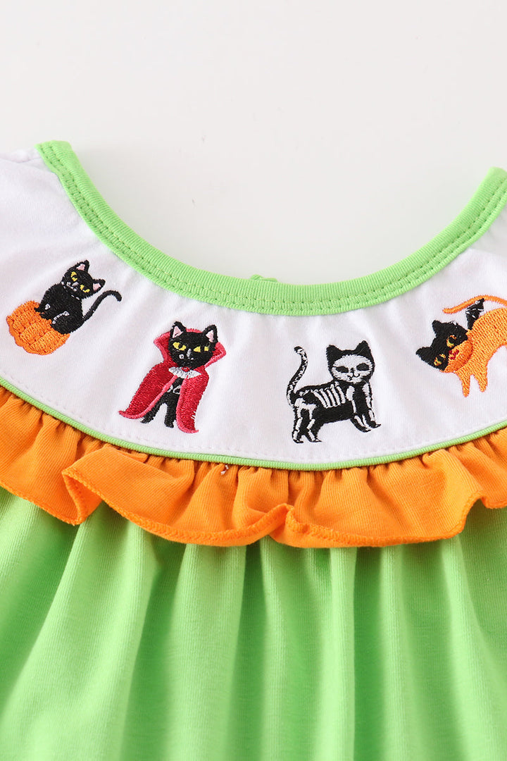 Green Halloween Cat Embroidery Dress