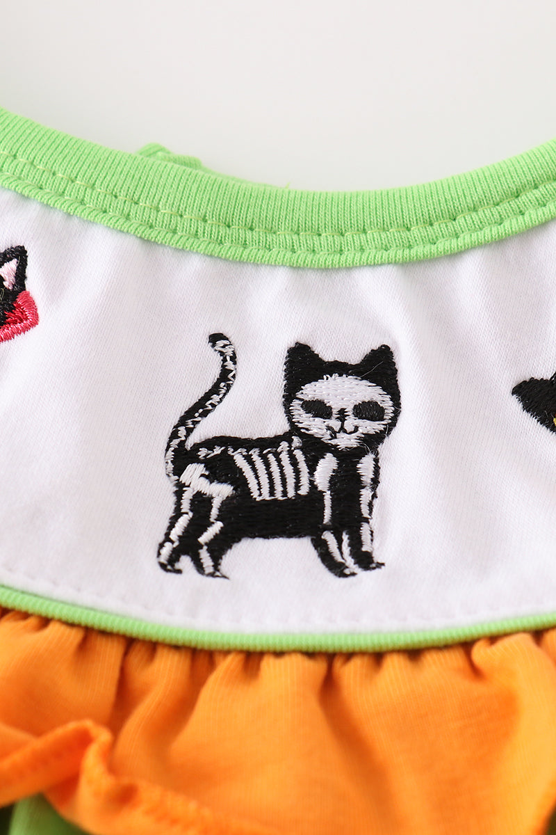 Green Halloween Cat Embroidery Dress