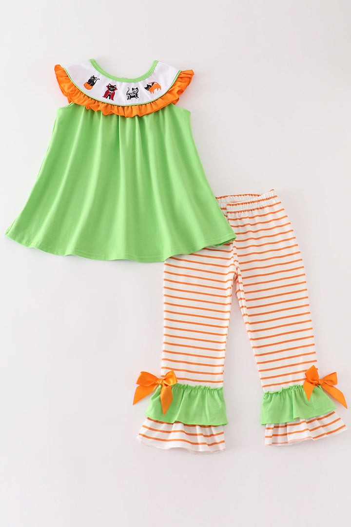 Green Halloween Cat Embroidery Girl Set