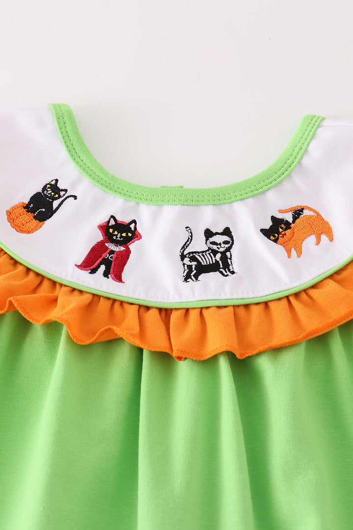 Green Halloween Cat Embroidery Girl Set