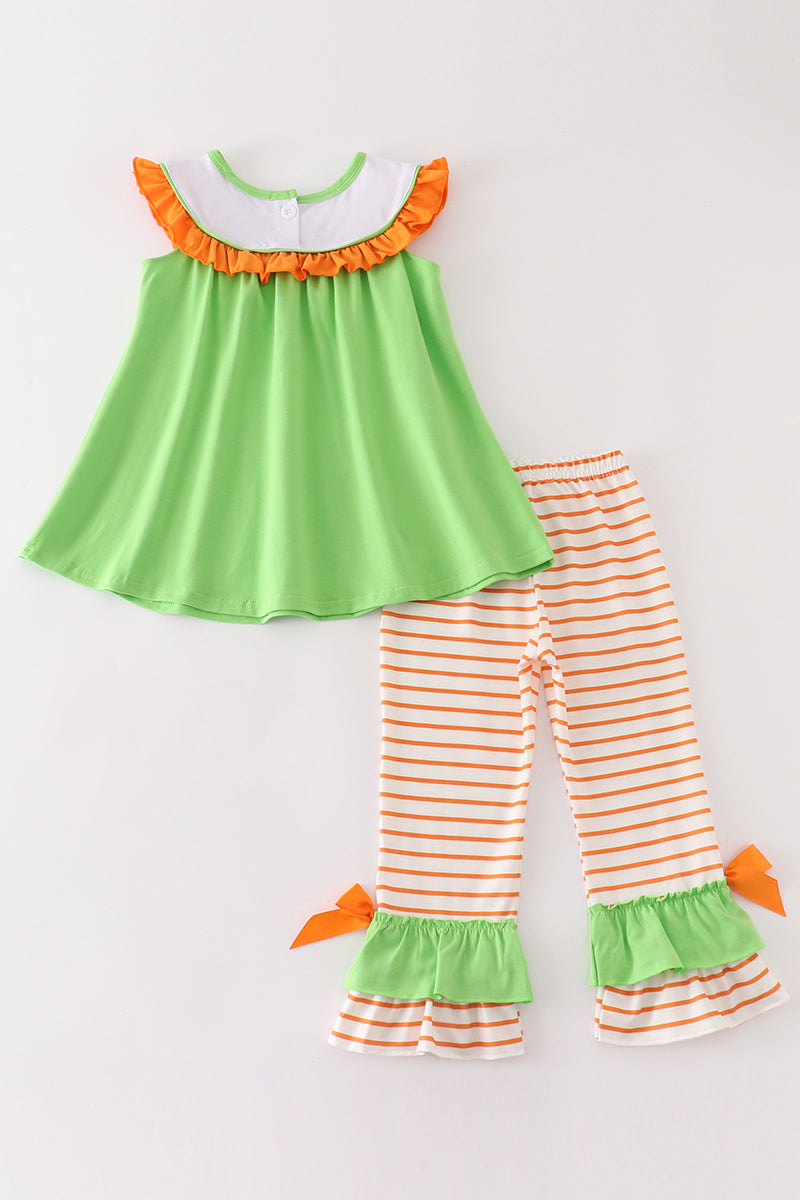 Green Halloween Cat Embroidery Girl Set