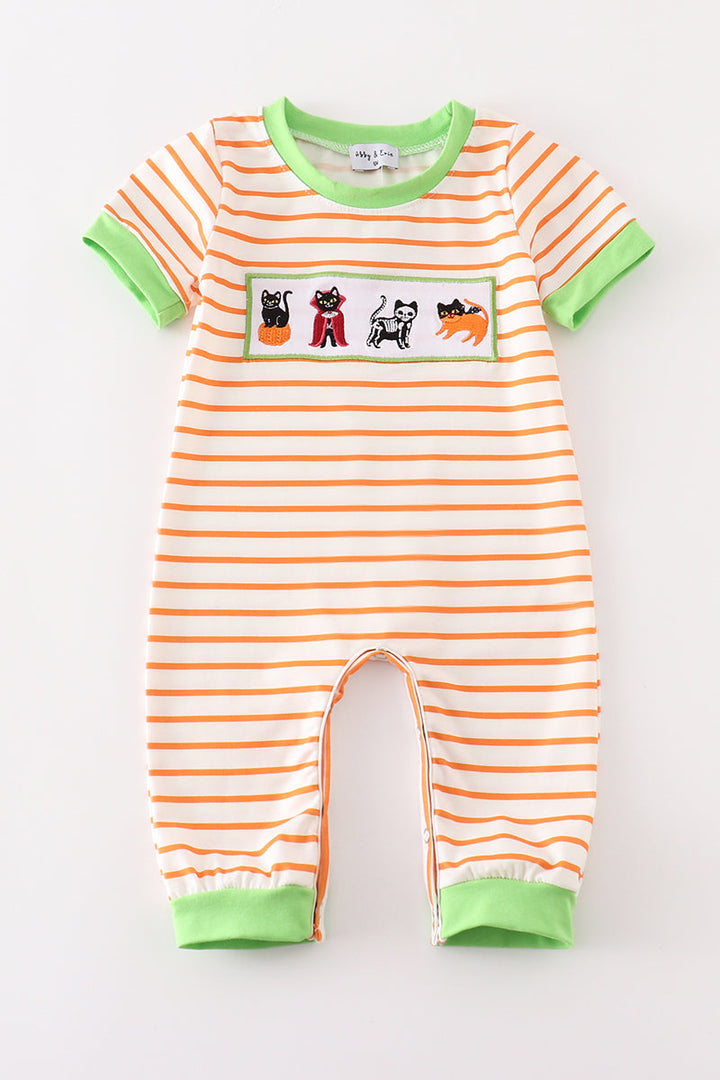 Green Halloween Cat Embroidery Boy Romper