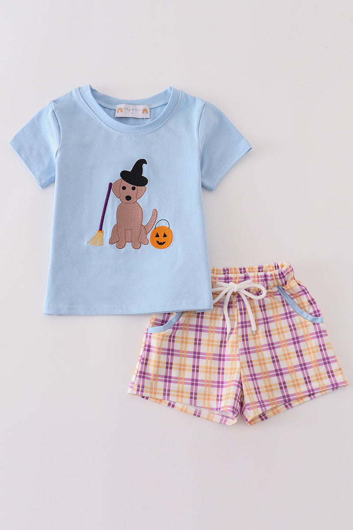 Blue Halloween Witch Dog Embroidery Boy Shorts Set