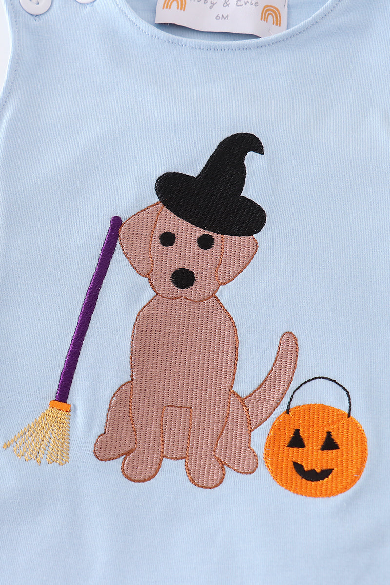 Blue Halloween Witch Dog Embroidery Baby Boy Set