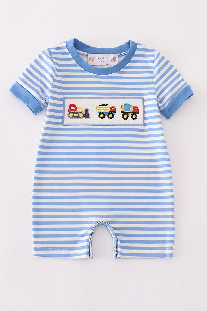 Blue Construction Trucks Embroidery Stripe Boy Romper