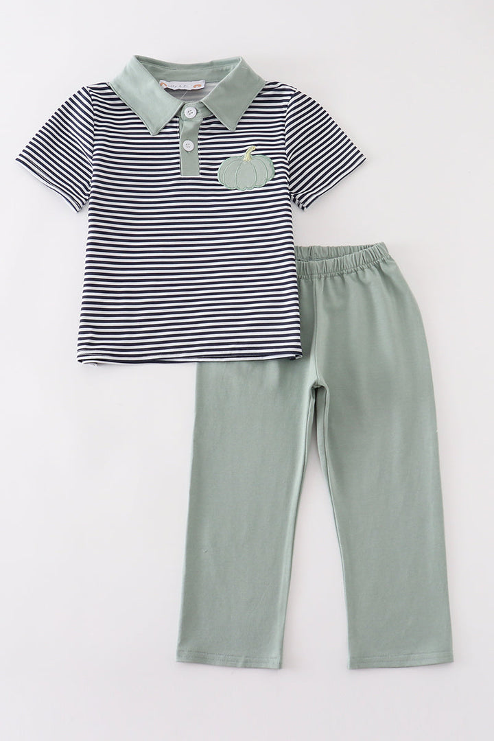 Sage Pumpkin Embroidery Stripe Boy Set