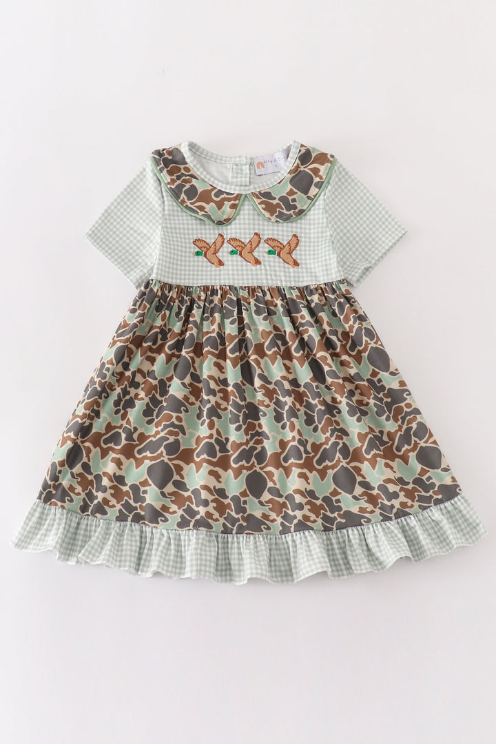 Camouflage Duck Embroidery Ruffle Dress