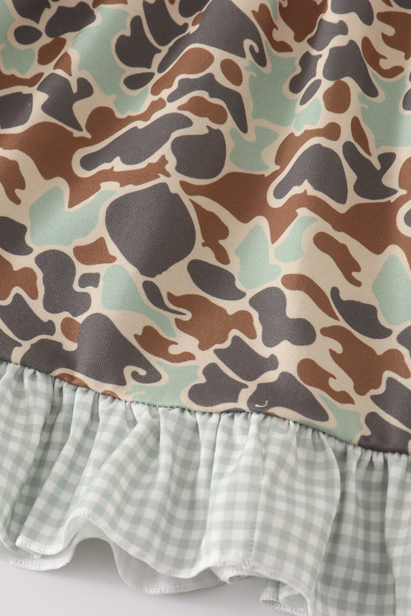 Camouflage Duck Embroidery Ruffle Dress