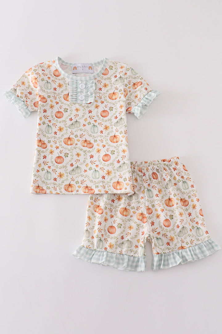 Green Pumpkin Print Girl Ruffle Shorts Set