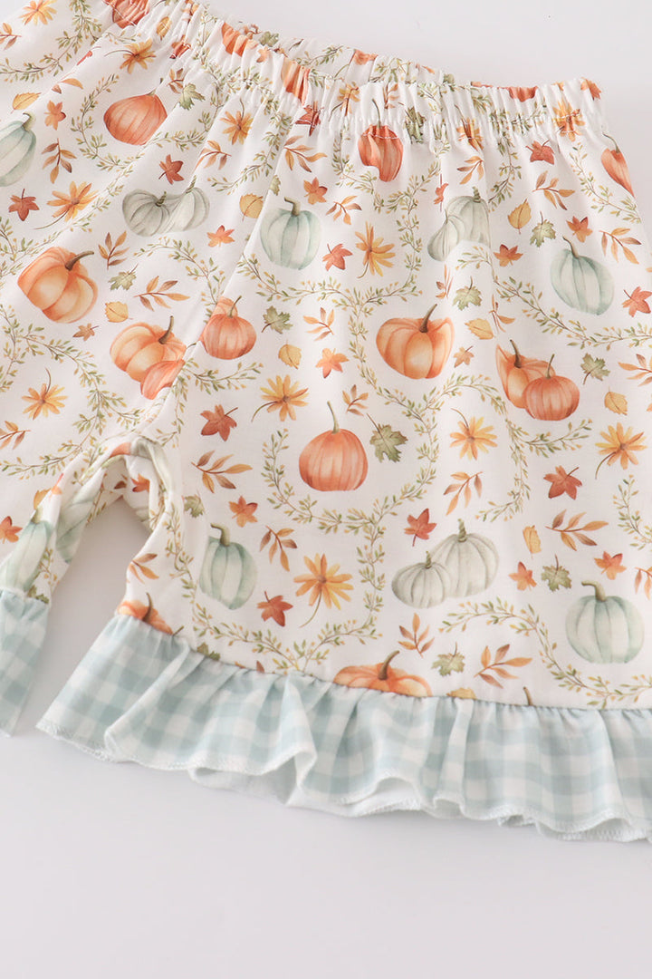 Green Pumpkin Print Girl Ruffle Shorts Set