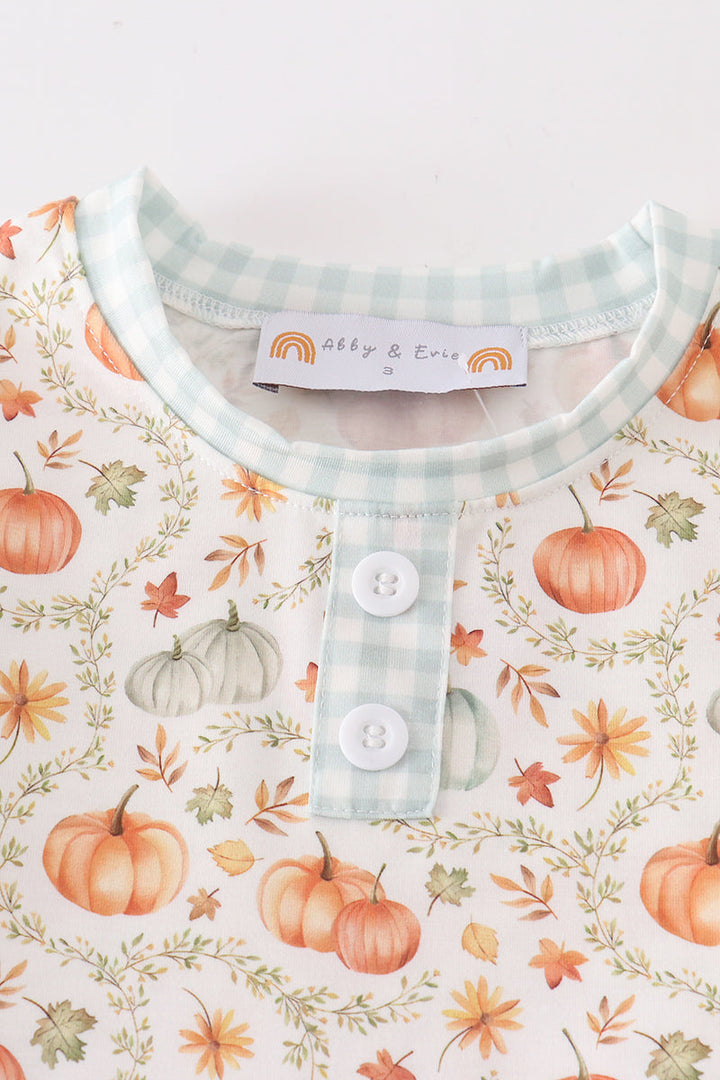 Green Pumpkin Print Girl Ruffle Shorts Set