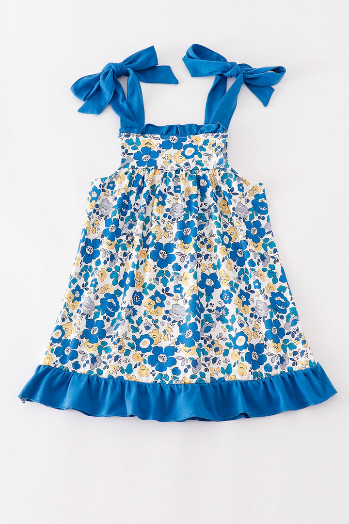 Blue Floral Print Ruffle Dress