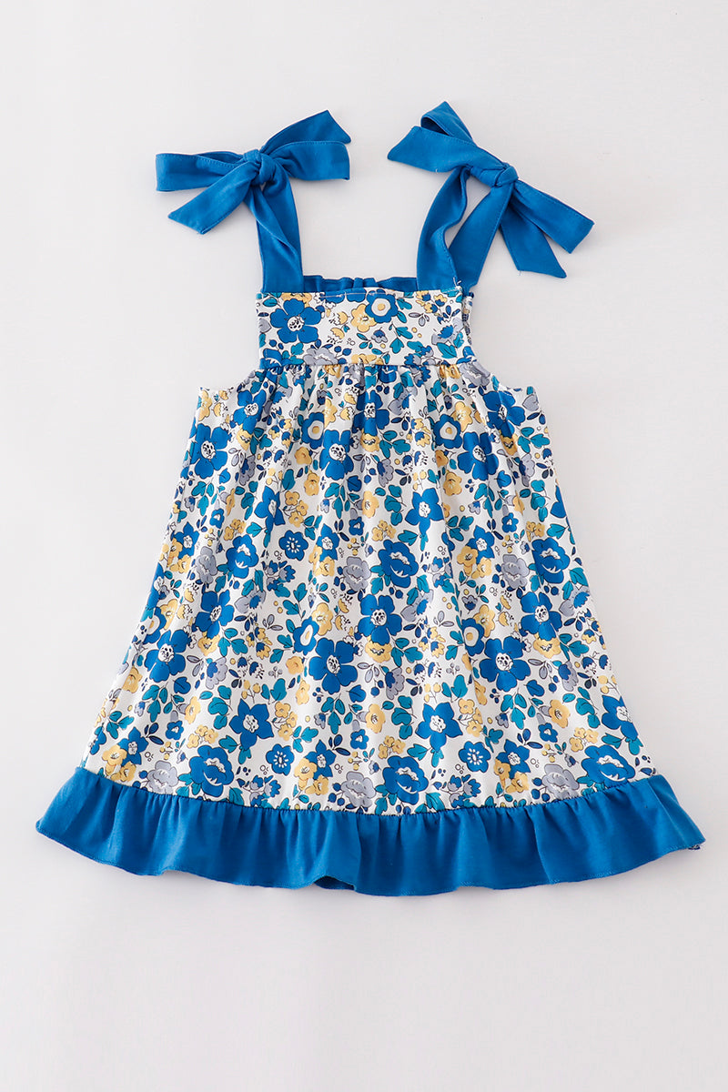 Blue Floral Print Ruffle Dress