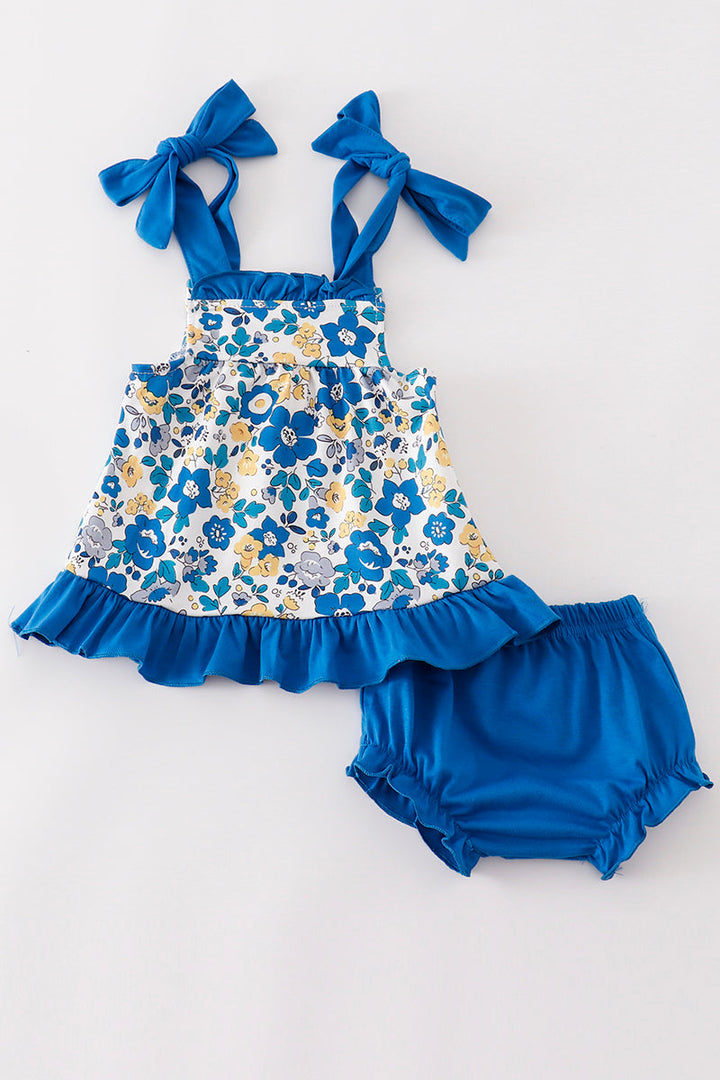 Blue Floral Print Ruffle Baby Bloomers Set