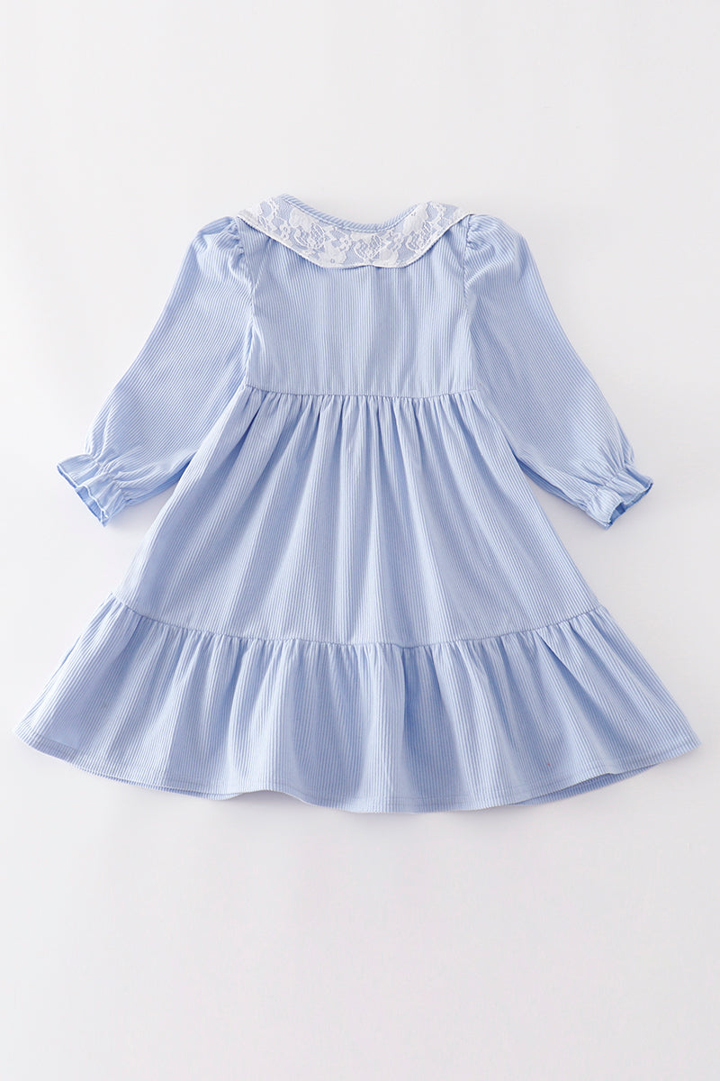 Blue Corduroy Leopard Ruffle Girl Dress