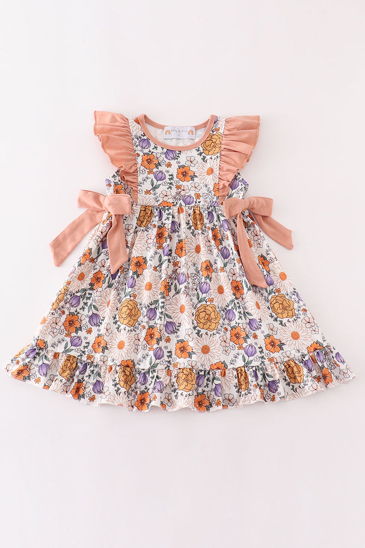 Coral Floral Print Ruffle Dress