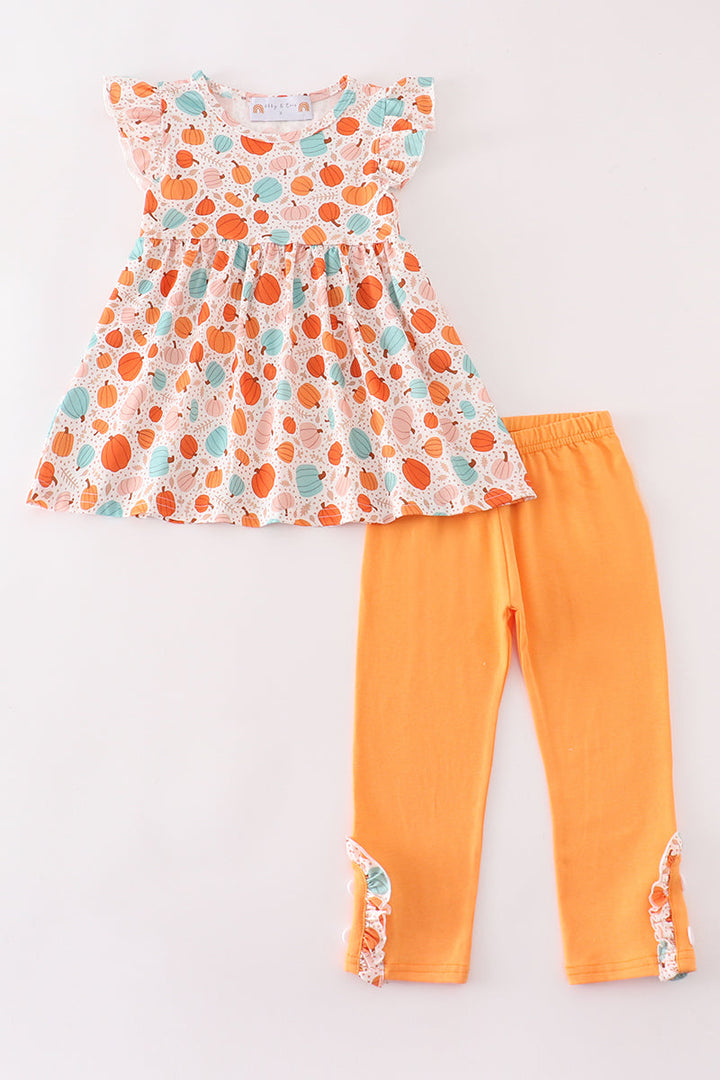 Orange Pumpkin Print Girl Ruffle Set