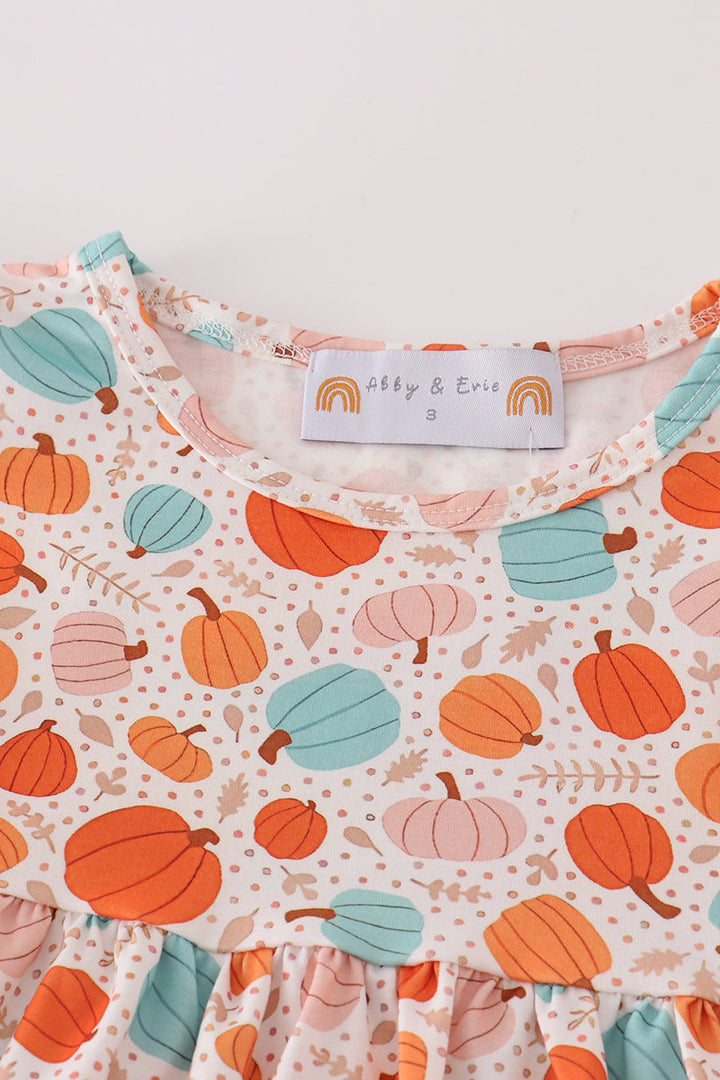 Orange Pumpkin Print Girl Ruffle Set