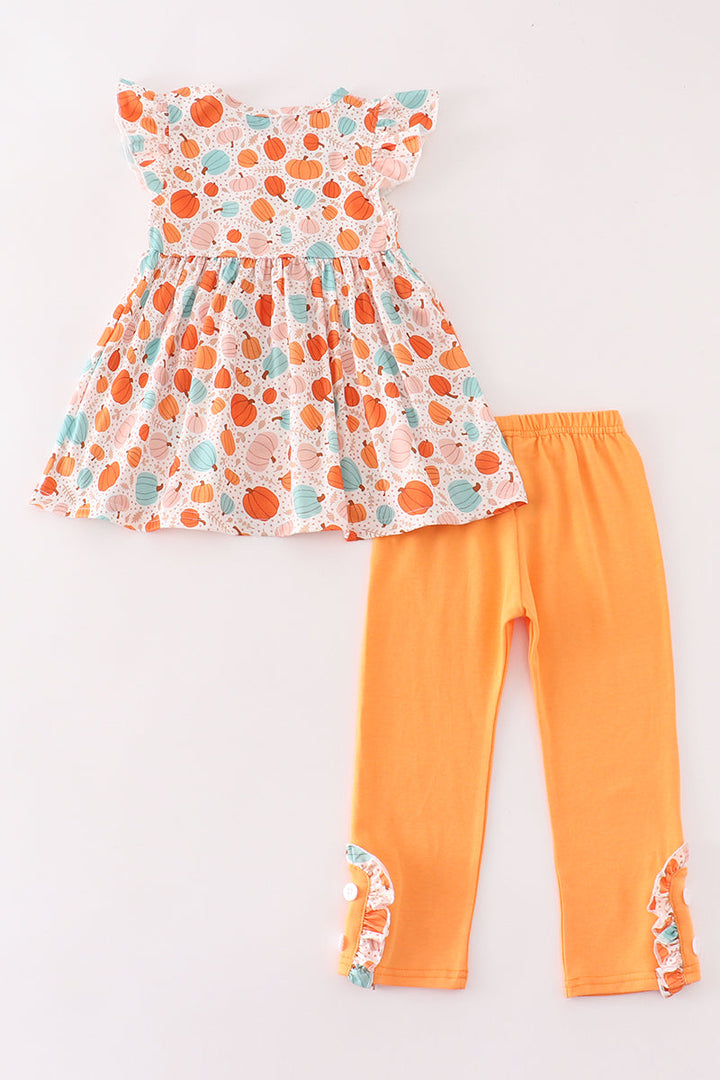 Orange Pumpkin Print Girl Ruffle Set