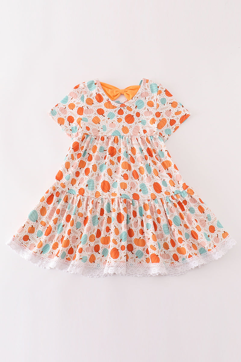 Orange Pumpkin Print Girl Dress